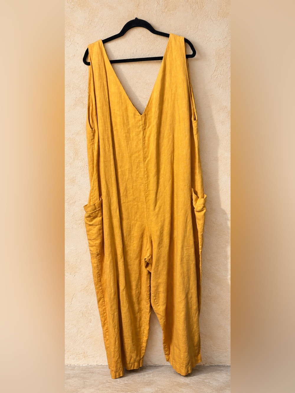 Sol Sister 3X 100% Linen Mustard Harem Jumpsuit Lagenlook Boho Plus Pockets